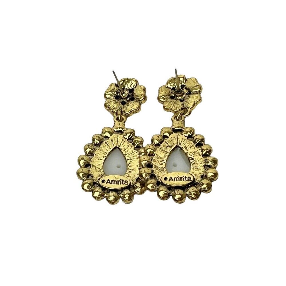 Amrita Singh Teardrop Dangle Earrings Faux Pearl Rhinestone Gold Tone Signed - Picture 4 of 8
